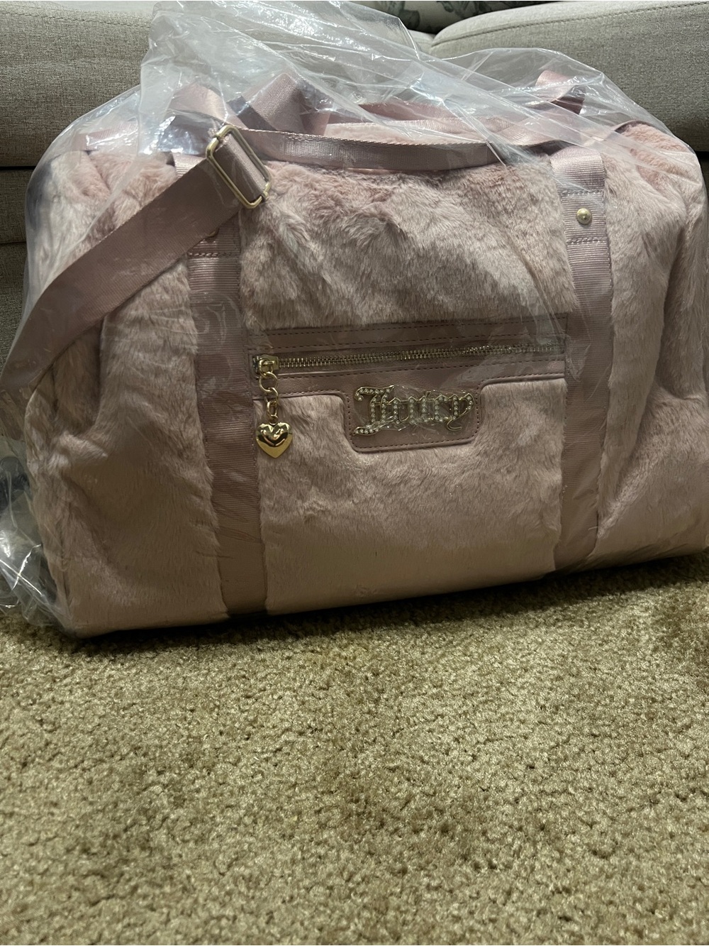 Juicy Couture Blush Pink Faux Fur Travel Duffle with Gold Hardware